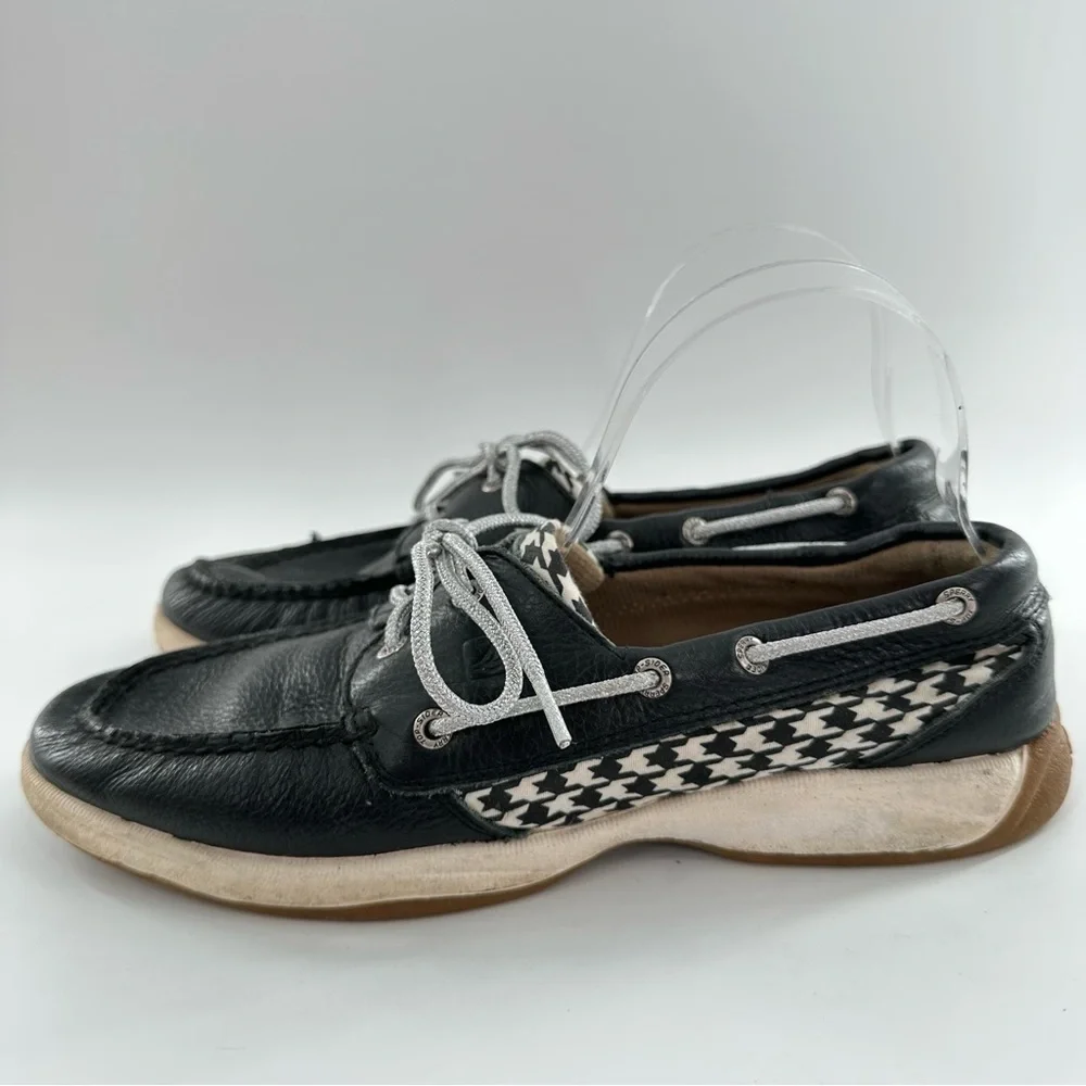 Sperry womens flats size 9.5 navy silver leather houndstooth preppy Boatshoes